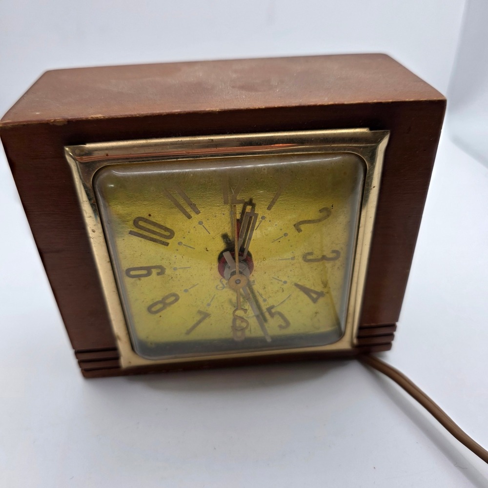 Vintage Sessions 2-Y Electric Alarm Clock Wood Case Brass Art Deco WORKING USA